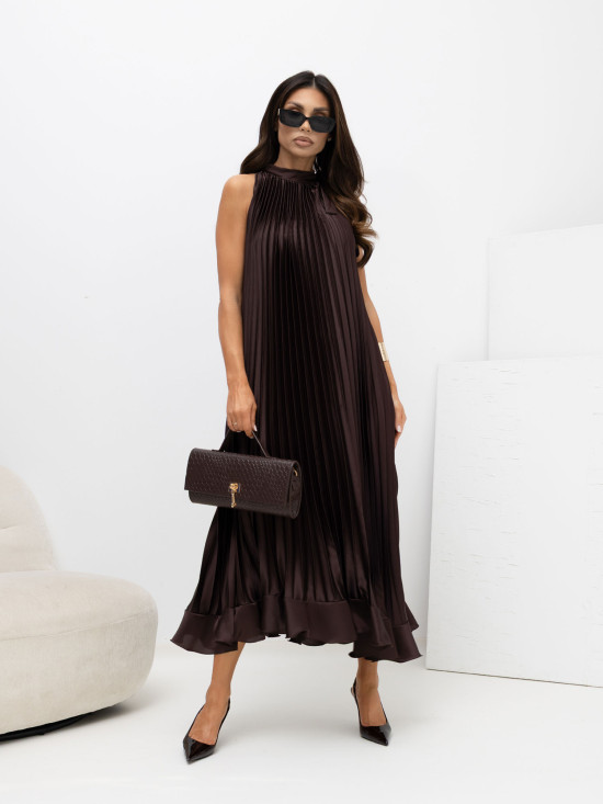 Koktejlové midi šaty s vázáním a volánem, hnědé