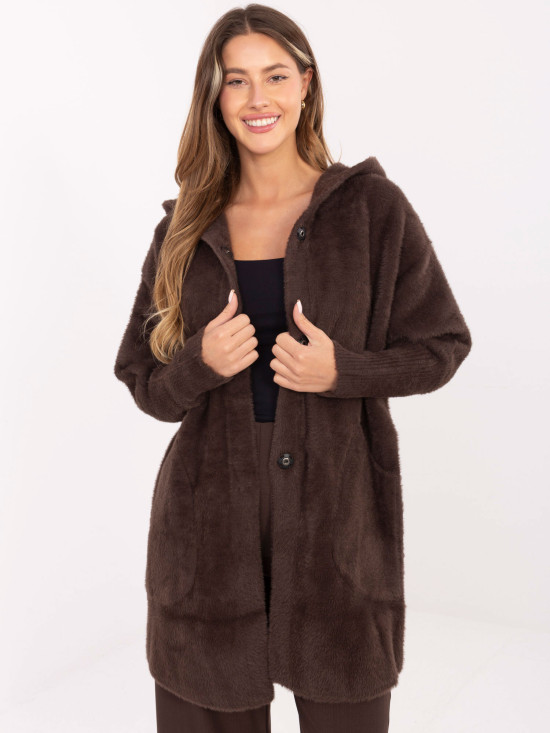Dámský přechodný kabát s kapucí v hnědé barvě