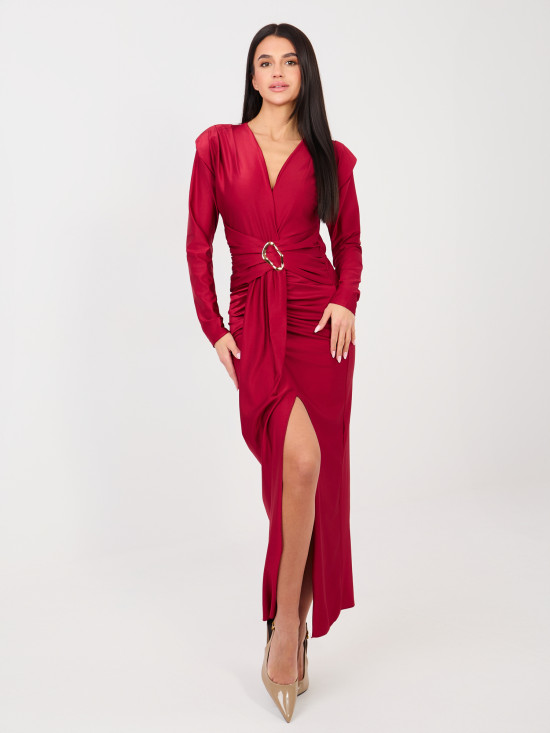 Červené elegantní maxi šaty s dlouhým rukávem a zavinovacím výstřihem