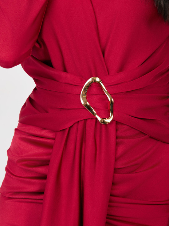 Červené elegantní maxi šaty s dlouhým rukávem a zavinovacím výstřihem