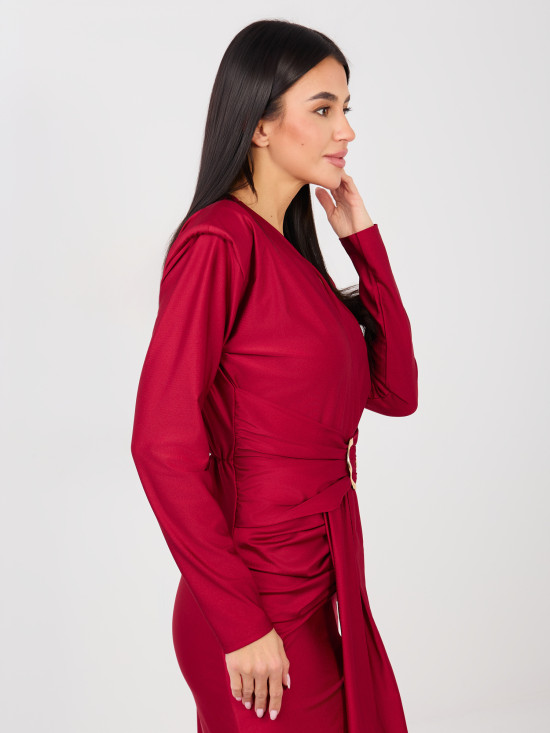 Červené elegantní maxi šaty s dlouhým rukávem a zavinovacím výstřihem