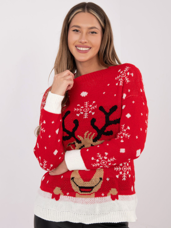 Červený svetr s potiskem a kulatým výstřihem