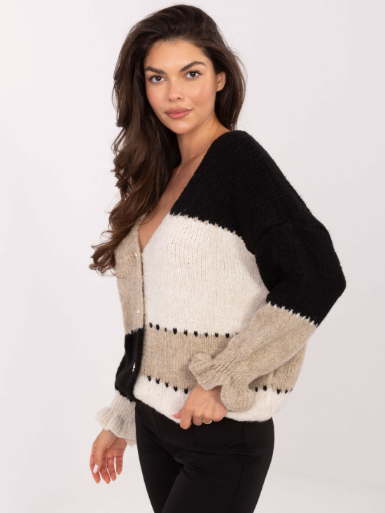 Černo-béžový pruhovaný kardigan s volánem a výstřihem do V