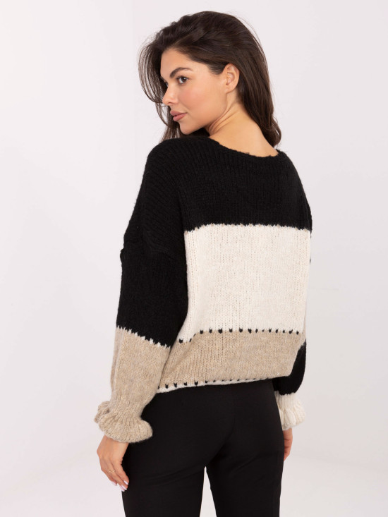 Černo-béžový pruhovaný kardigan s volánem a výstřihem do V