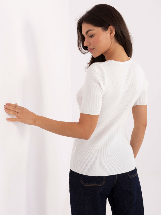 Ecru žebrovaný pulovr s výstřihem do V