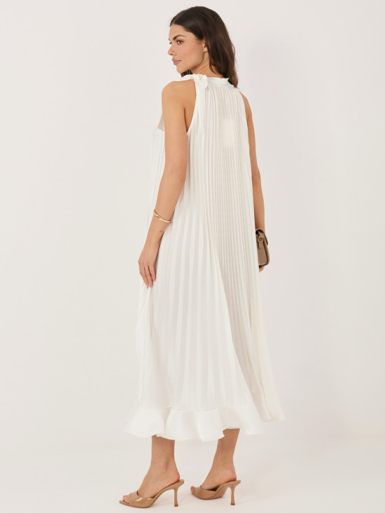 Elegantní midi šaty s volánem a zavazováním, ecru