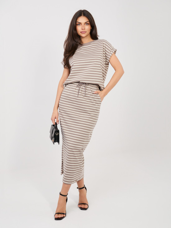 Béžová midi sukně s proužky a kapsami