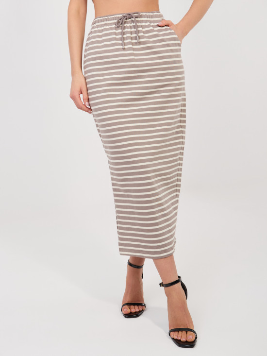 Béžová midi sukně s proužky a kapsami