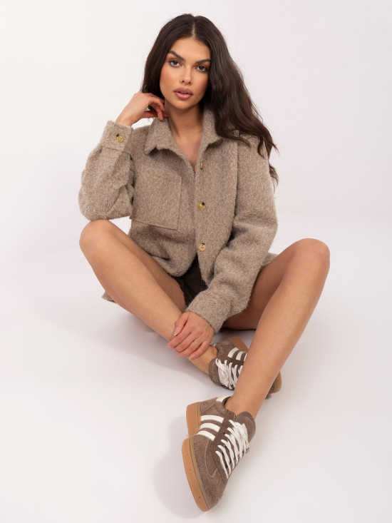 Tmavě béžová přechodná bunda s límečkem a kapsami