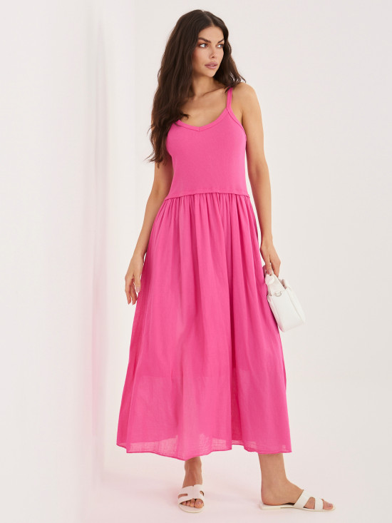 Maxi rozšířené šaty na ramínka, růžové