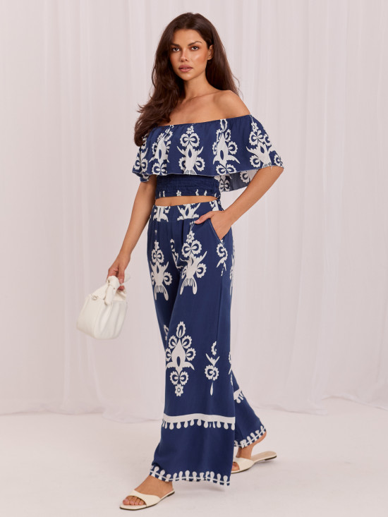 Boho komplet s halenkou a kalhotami, modrý