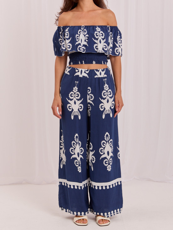 Boho komplet s halenkou a kalhotami, modrý