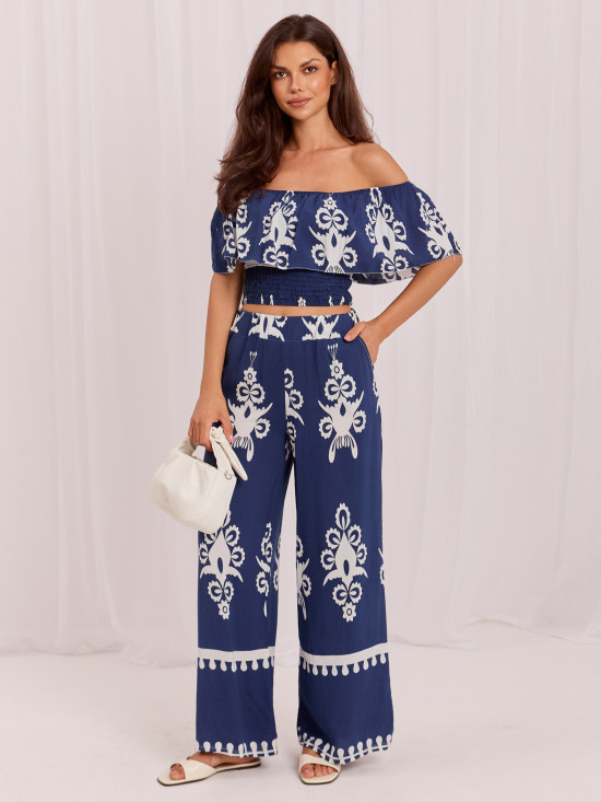 Boho komplet s halenkou a kalhotami, modrý