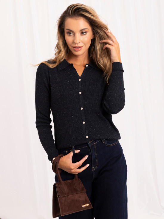 Elegantní tmavě modrý polo svetr s límečkem