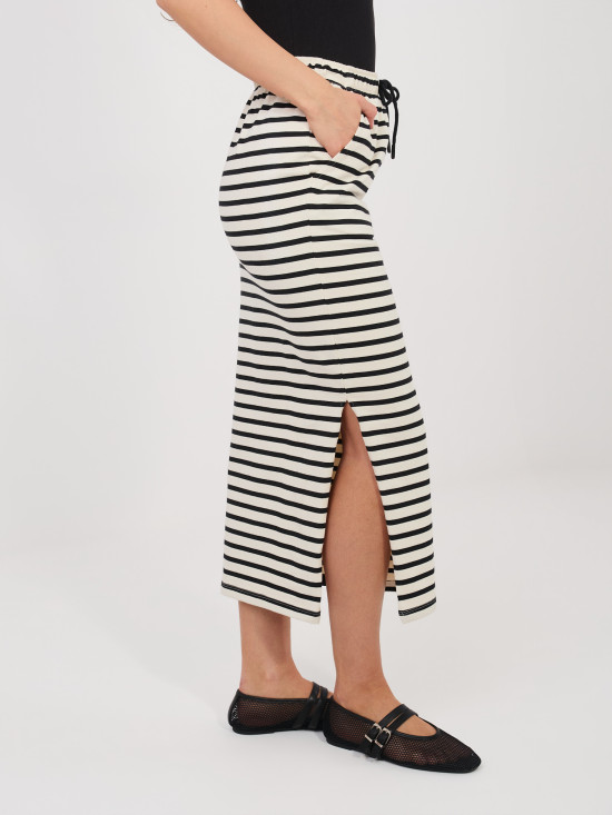 Černá/béžová midi sukně s proužky a kapsami