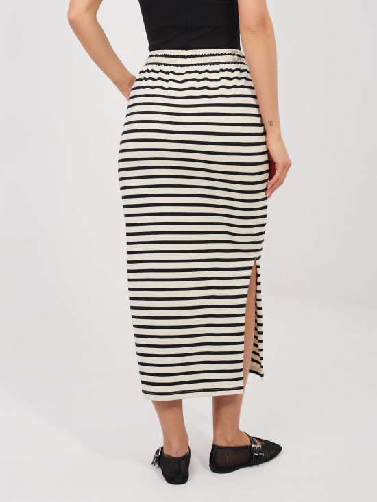 Černá/béžová midi sukně s proužky a kapsami