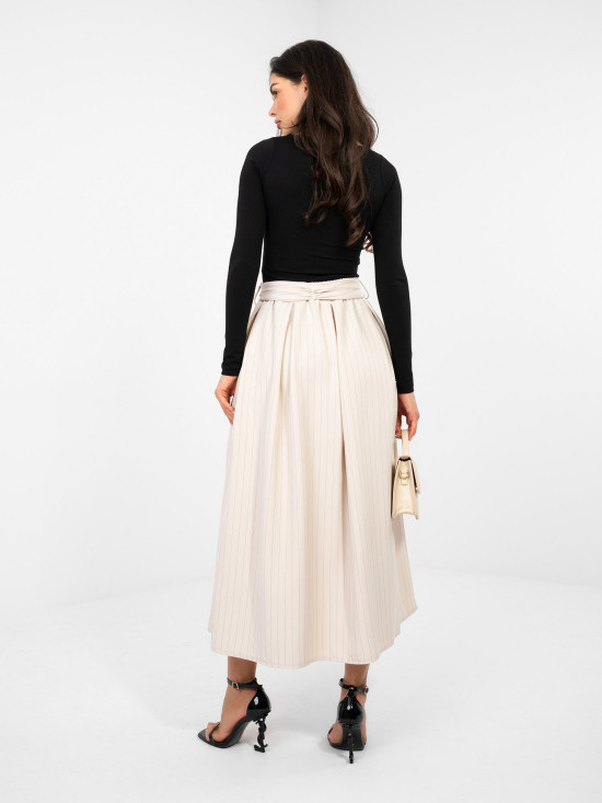 Béžová elegantní midi sukně s proužky a páskem
