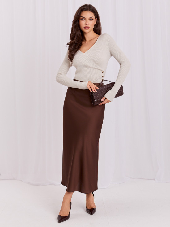 Elegantní béžový svetr s překládaným výstřihem