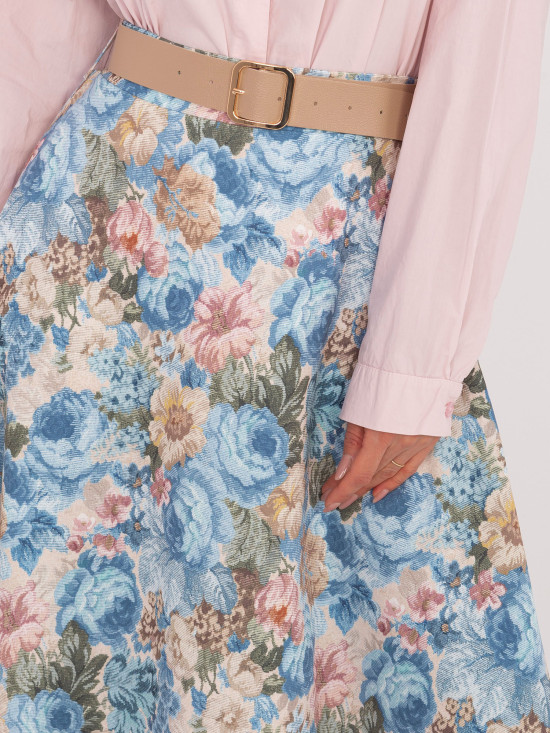 Elegantní midi sukně s květinovým vzorem a páskem, světle modrá