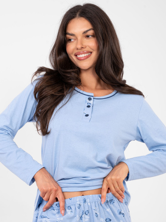 Dámské bavlněné pyžamo s květinovým vzorem, modré