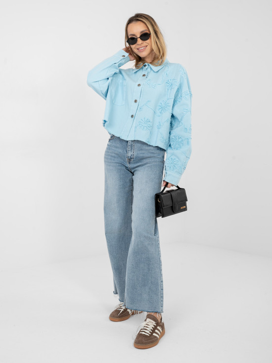 Krátká modrá džínová bunda s květinovou aplikací