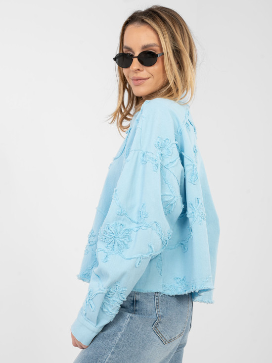 Krátká modrá džínová bunda s květinovou aplikací