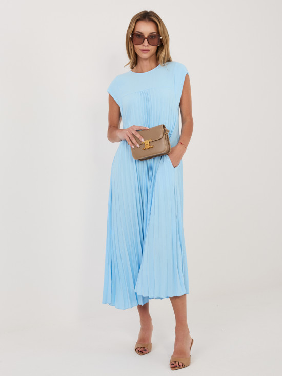 Světle modré midi koktejlové šaty s kapsami