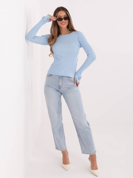 Dámská modrá žebrovaná halenka s dlouhým rukávem