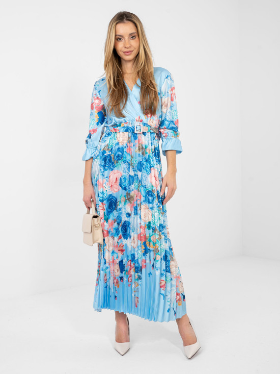 Maxi květinové šaty s páskem, modré