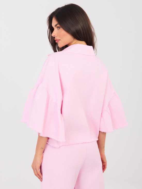 Krátká růžová džínová bunda s volánem