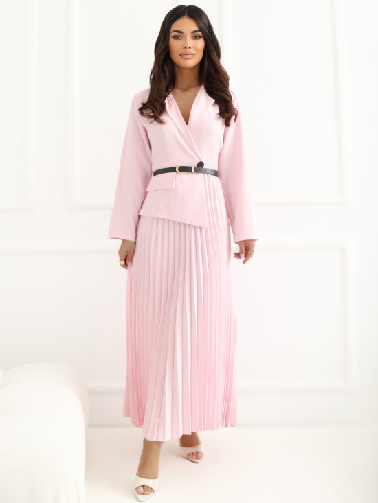 Elegantní rozšířené midi šaty s páskem a límečkem, růžové