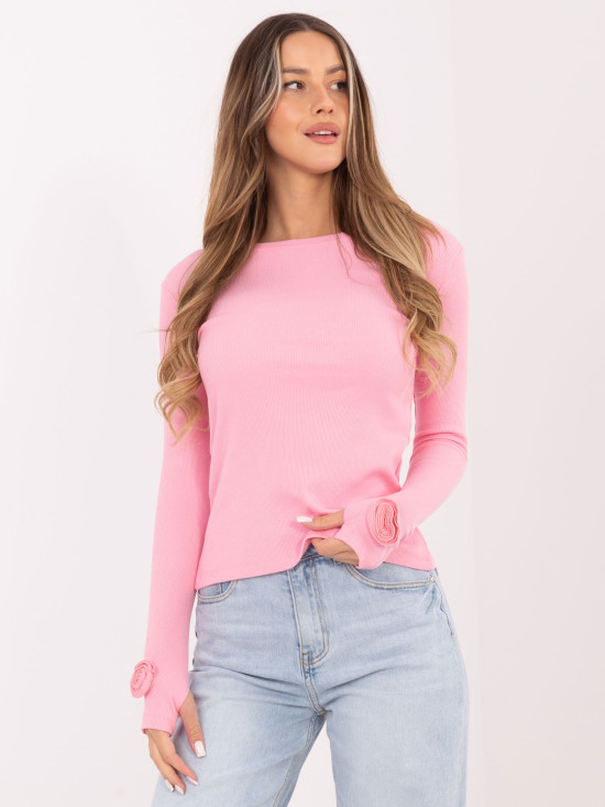 Světle růžová žebrovaná halenka s dlouhým rukávem