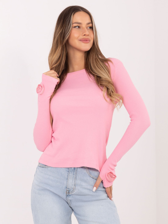 Světle růžová žebrovaná halenka s dlouhým rukávem