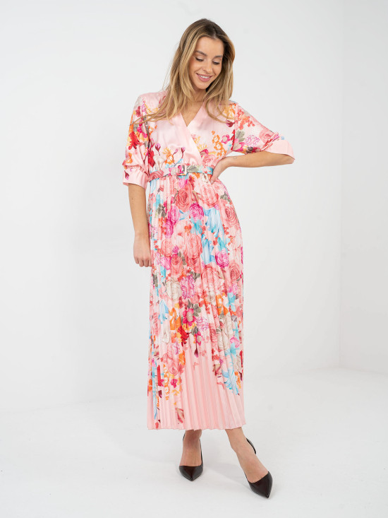 Maxi rozšířené šaty s květinovým vzorem a páskem, růžové