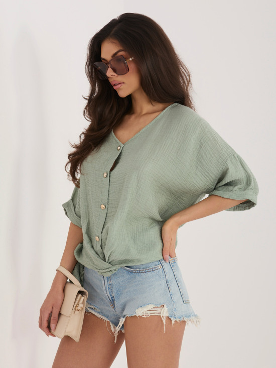 Stylová khaki halenka s V výstřihem a krátkým rukávem