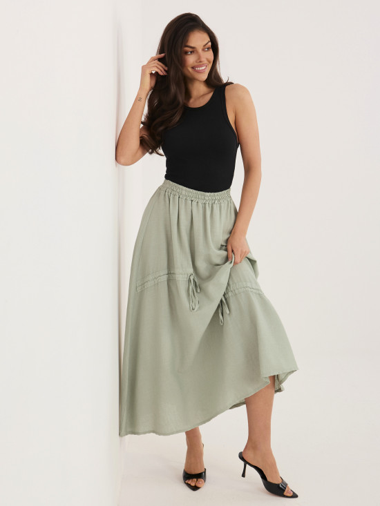 Khaki midi sukně s vázáním