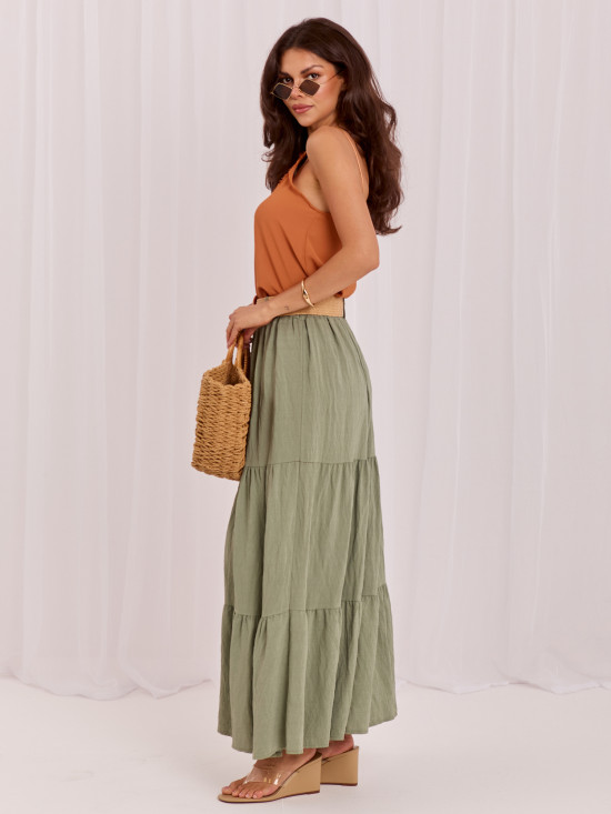 Maxi boho sukně s volánem a páskem, khaki