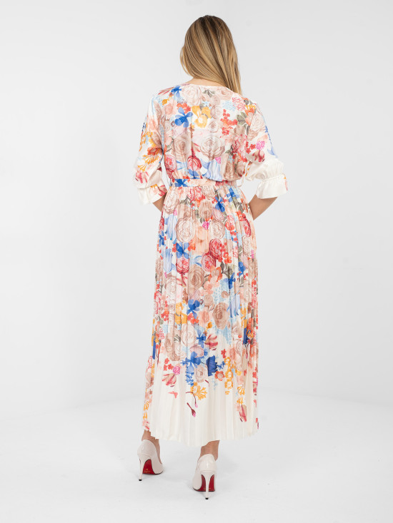 Ecru maxi šaty s květinovým vzorem a páskem