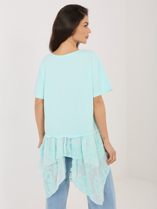 Mátová bavlněná halenka s volánem a výšivkou