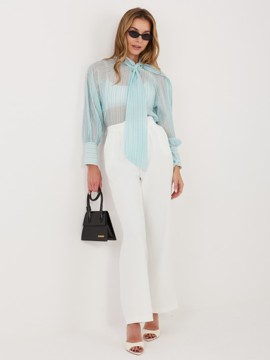 Mátová pruhovaná košile s vázáním a nabíranými rukávy