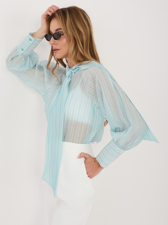 Mátová pruhovaná košile s vázáním a nabíranými rukávy
