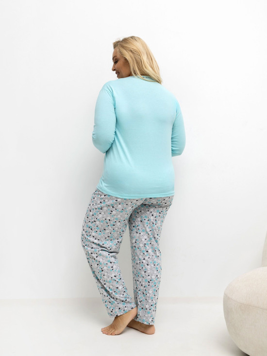 Dámské bavlněné pyžamo s květinovým vzorem a knoflíky, mentolové
