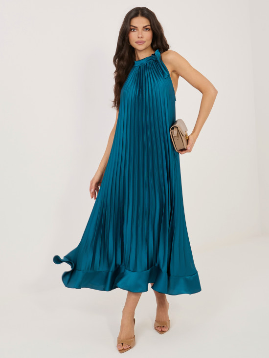 Modré koktejlové midi šaty s vázáním a volánem