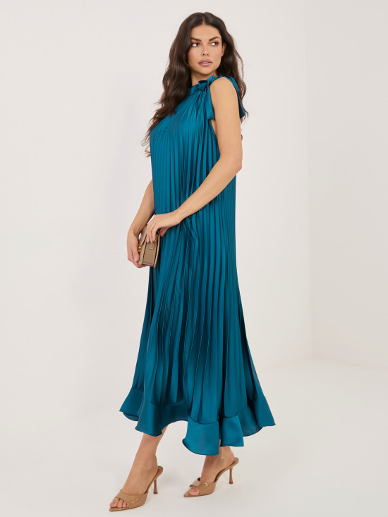 Modré koktejlové midi šaty s vázáním a volánem