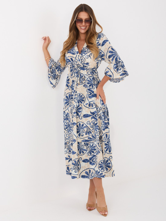 Modré midi šaty s potiskem a vázáním