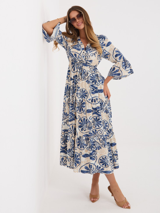 Modré midi šaty s potiskem a vázáním