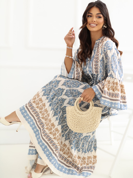 Modré maxi šaty s potiskem a 3/4 rukávy