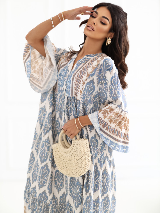Modré maxi šaty s potiskem a 3/4 rukávy