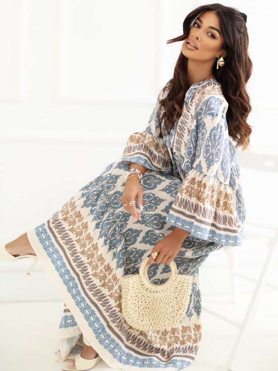 Modré maxi šaty s potiskem a 3/4 rukávy