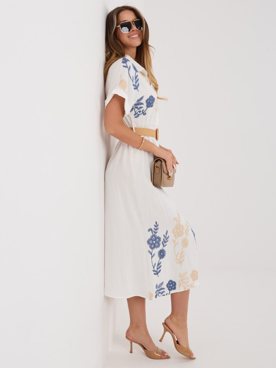 Bílo-modré košilové midi šaty s výšivkou a páskem